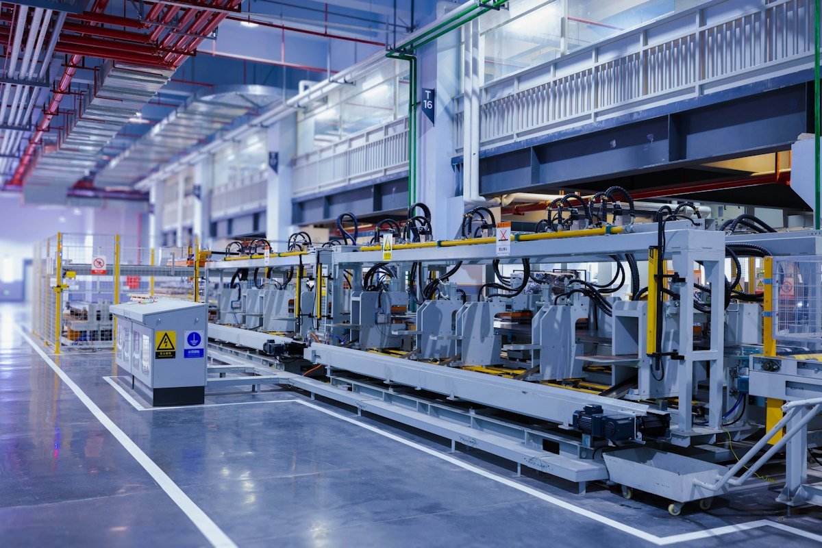 Bright, modern production hall with an automated manufacturing line